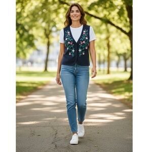 Vintage Segue Navy Blue Floral Embroidered Ramie Cotton Knit Sweater Vest Small